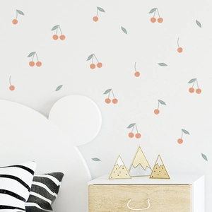 Minimalist cute cherry wall stickers for kids bedroom featuring soft peach and green leaves