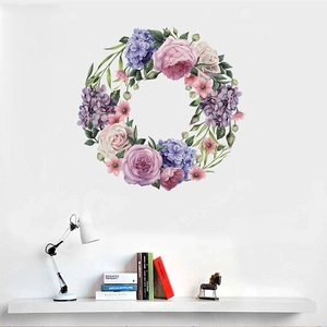 Hand-painted floral wreath wall decal with colorful hydrangea and rose for home decoration