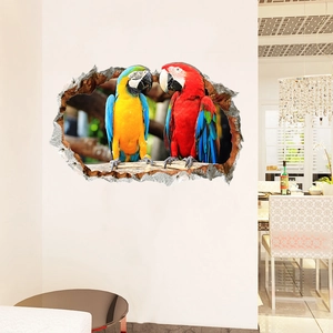 3D wall sticker featuring two colorful macaws with realistic broken wall effect for home decor