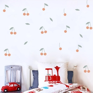 Cute cherry wall stickers for bedroom decor featuring pastel pink fruit and green leaves