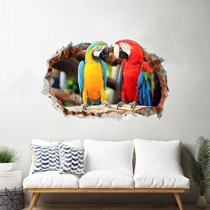 3D broken wall sticker featuring colorful parrots for living room wall decoration