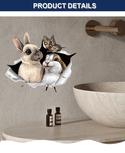 Detail of 3D cracked wall sticker showing realistic long-eared rabbits and butterfly