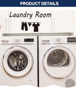 Detail von schwarzem Laundry Room Wandtattoo mit Wäscheklammer-Motiv auf weißem Schrank
