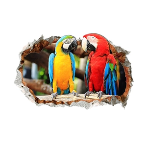 3D wall sticker featuring realistic macaws with a creative broken wall effect design