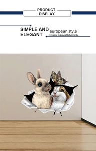 Detail of 3D cracked wall sticker with realistic bunnies and butterfly home wall decor