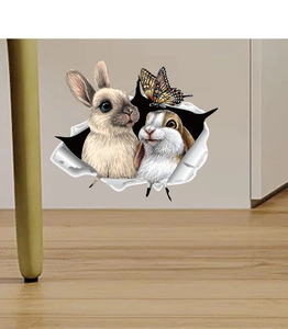 Detailed 3D wall sticker showing realistic rabbits and a butterfly peeking through a torn wall