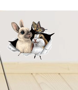 3D realistic rabbit wall decal with creative broken wall effect on a white bedroom wall