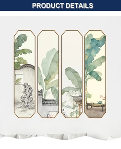 Detail of four-piece ink banana leaf wall art in octagonal frames with Zen decor