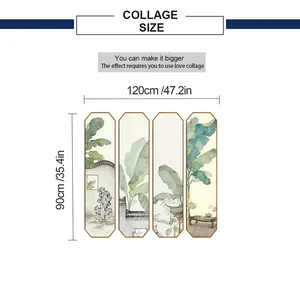 Size chart showing dimensions for the 4-panel green banana leaf ink painting wall sticker
