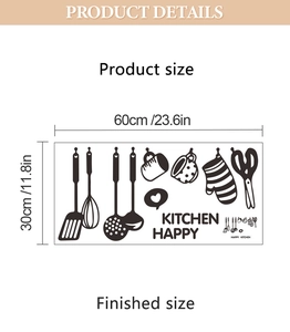 Vue détaillée des stickers muraux de cuisine montrant ustensiles et dimensions