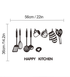 Sticker mural de cuisine avec icônes d'ustensiles et texte Happy Kitchen, 56cm x 36cm