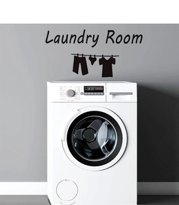 Wandtattoo Laundry Room in Schwarz mit Wäscheständer-Symbolen über der Waschmaschine