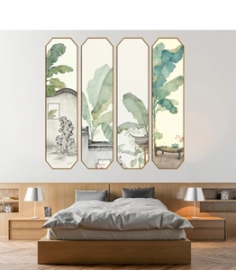 Detail of four vertical octagonal wall art pieces featuring watercolor banana leaves