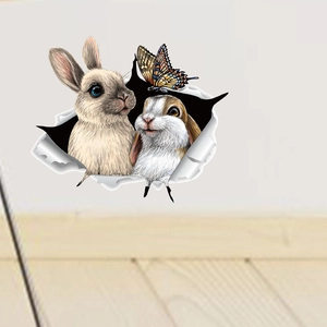 3D wall decal featuring cute cartoon rabbits and butterflies with creative wall break effect