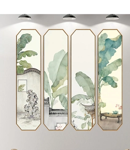 Detail of four octagonal wall art pieces featuring Chinese ink wash banana leaves and stones