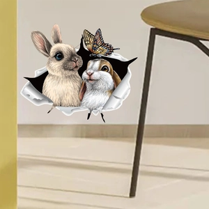 3D realistic rabbit and butterfly wall sticker with wall-breaking effect for home decor