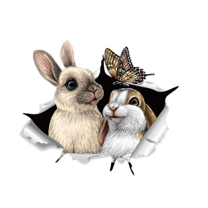 3D wall sticker featuring realistic rabbits and a butterfly with a broken wall effect