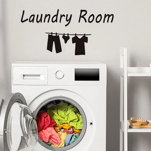 Selbstklebender Laundry Room Wandaufkleber mit Wäscheleinen-Silhouetten auf grauem Grund