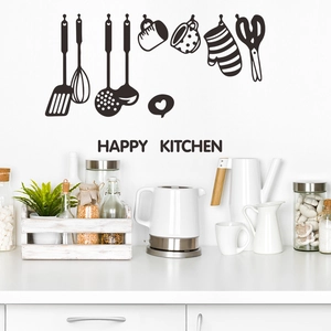 Sticker mural créatif Happy Kitchen avec silhouettes d'ustensiles noirs pour déco cuisine