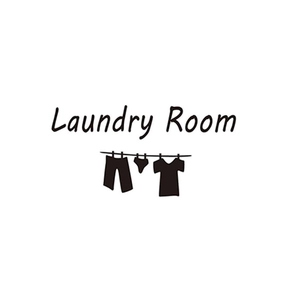 Moderne schwarze Laundry Room Wandtattoo mit Kleidungssilhouetten und Kursivschrift