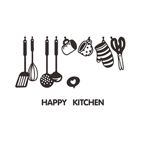 Sticker mural Happy Kitchen minimaliste noir avec divers motifs d'ustensiles de cuisine