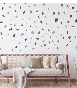 Detail of self-adhesive terrazzo wall stickers with modern gray marble geometric patterns