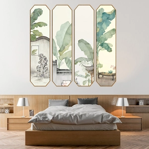 Set of four octagonal ink-wash wall art with green banana leaves for home decor