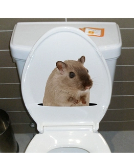 3D realistic hamster wall sticker with creative broken hole effect on toilet lid