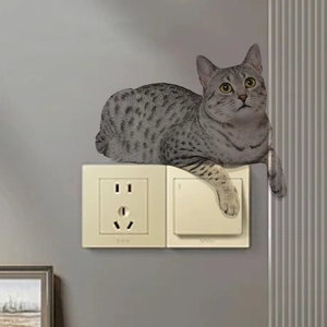 3D realistic gray tabby cat wall sticker for light switch and home interior decoration