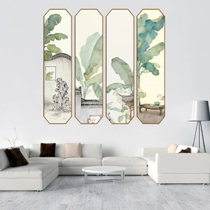 Octagonal ink wash wall art set featuring green banana leaves and garden scenery