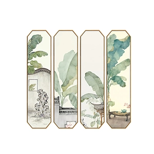 Set of 4 Chinese ink wash banana leaf wall art decals for living room and hallway decor