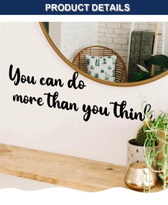 Detail showing 'You can do more than you think' vinyl wall decal in bedroom decor
