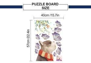 Detailed dimensions of cat and floral wall sticker showing 40cm by 57cm puzzle board size