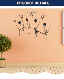 Close-up of creative dripping poker card wall decal in a cozy living room decor scene