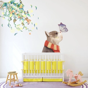 Garden cat and butterflies wall decals for kids room decor with floral vine accents