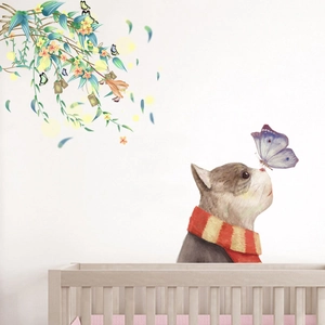 Watercolor wall decal with grey cat, butterfly and green vines for nursery wall decor