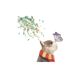 Watercolor wall sticker featuring a grey cat with butterfly and green leaf vine decorations
