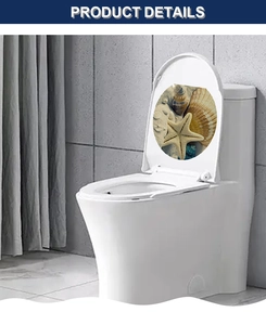 Détail des autocollants 3D étoile de mer et coquillage sur un abattant de WC blanc