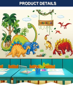 Detail view of colorful cartoon dinosaur wall stickers including T-Rex and palm trees