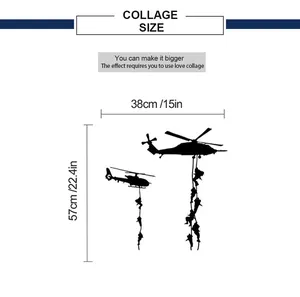 Detailed size chart for military helicopter wall sticker measuring 57cm by 38cm