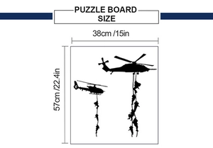 Detailed size chart of the helicopter wall decal puzzle board measuring 57cm by 38cm
