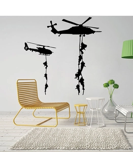 Detailed wall sticker featuring black military helicopter silhouettes and paratroopers
