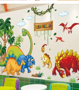 Cartoon dinosaur wall stickers set showing colorful dinosaurs in a kids bedroom setting