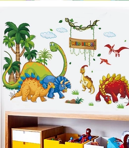 Detail of colorful cartoon dinosaurs and palm trees wall stickers for children nursery rooms