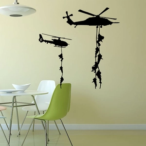 Military helicopter silhouette wall sticker with paratrooping soldiers for home decor