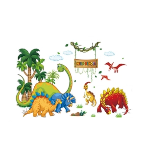 Cartoon dinosaur wall decals set featuring colorful palm trees and wild dinos stickers