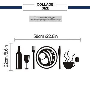Size chart for kitchen wall decals featuring cutlery, wine glass and coffee cup motifs