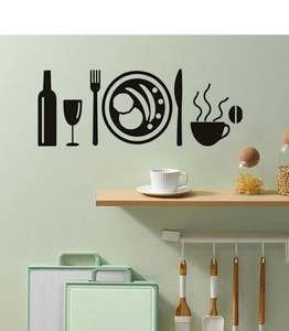 Detail view of black matte vinyl kitchen wall decals featuring wine bottle and coffee cup icons