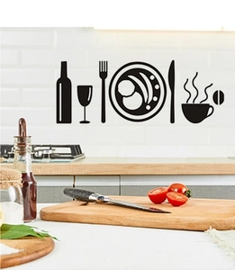 Detail of kitchen wall stickers featuring wine bottle, cutlery, and coffee cup icons