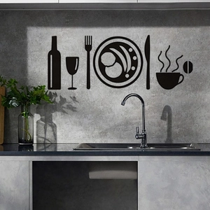 Modern black kitchen silhouette wall stickers featuring cutlery, wine bottle and coffee cup